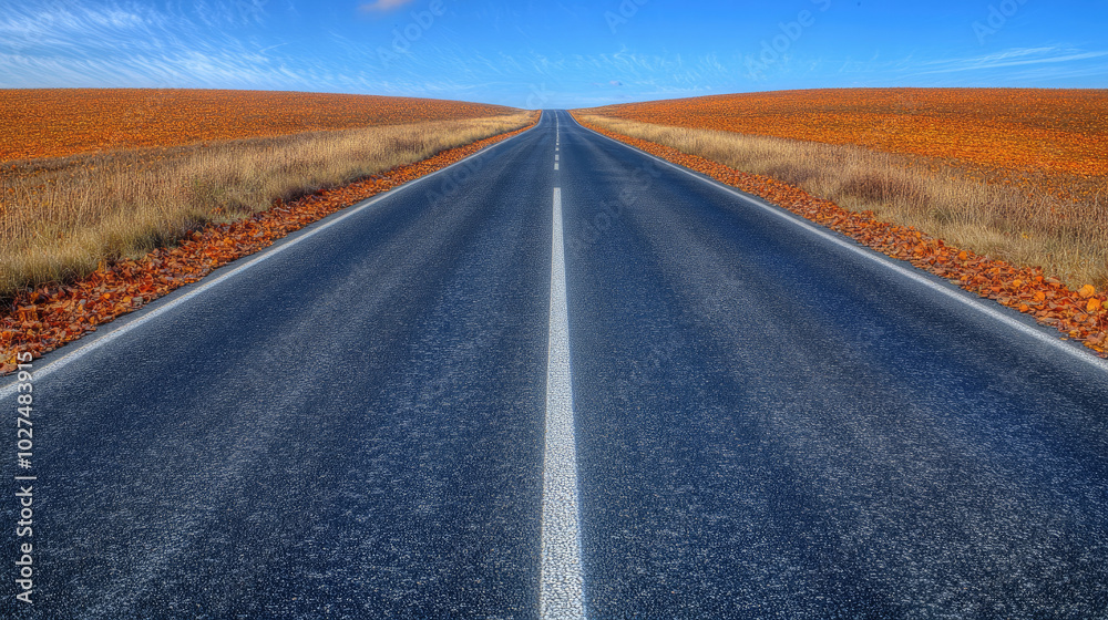 Fototapeta premium Autumnal Road with Golden Fields and Crisp Blue Sky