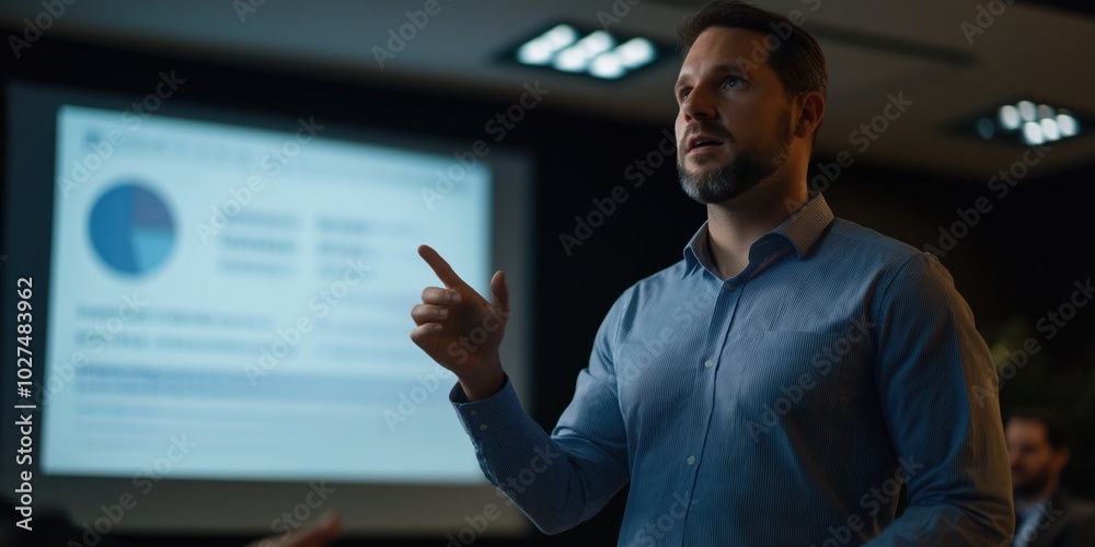 Fototapeta premium A confident presenter conveys insightful information in a contemporary business setting, illustrating effective communication and professional engagement with an audience.