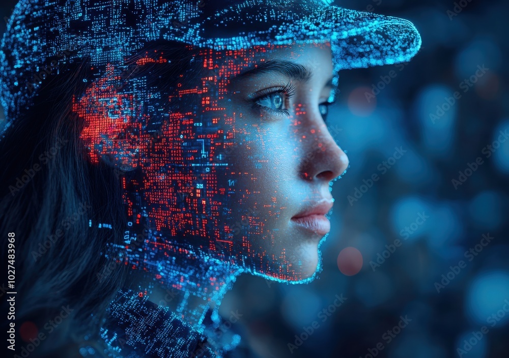 A young woman gazing thoughtfully while surrounded by digital data and technology A young woman gazing thoughtfully while surrounded by digital data and technology
