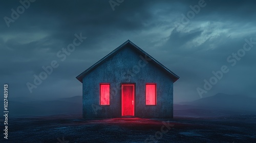 Mysterious House with Glowing Red Door at Dusk photo