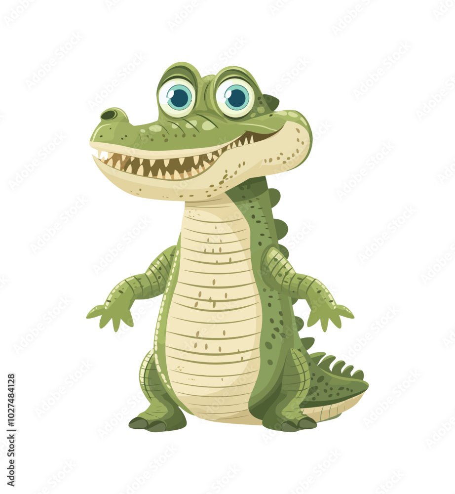 Obraz premium Cartoon crocodile standing upright with big eyes and toothy grin, green scaly skin and small arms. Ideal for zoo and swamp themes, kids learning, stickers, apps, games, mascot design and wildlife 