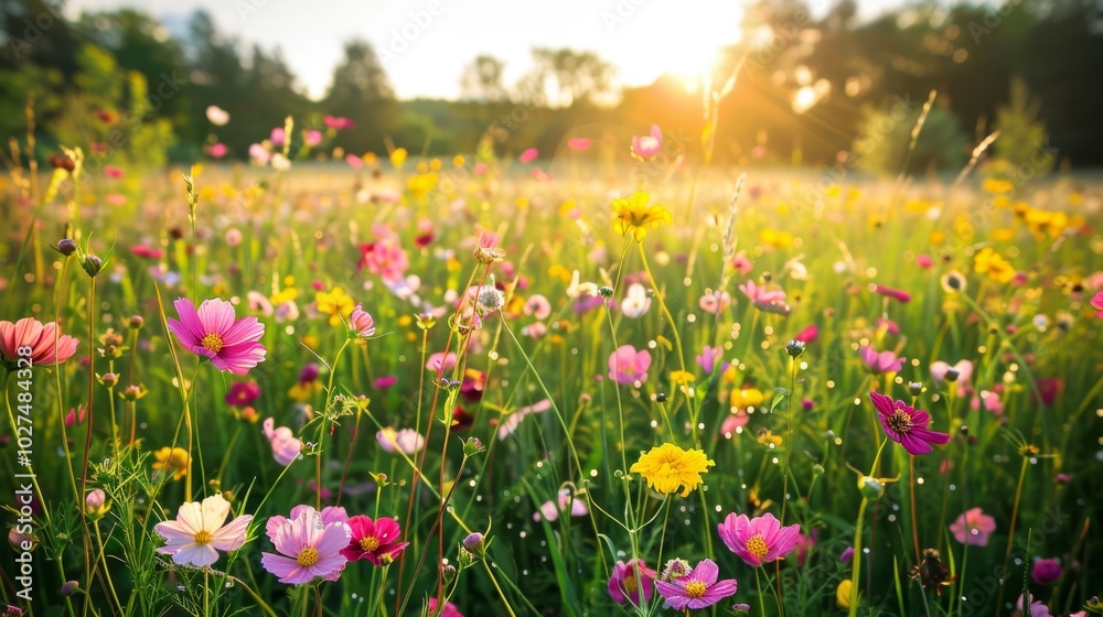 A field of flowers with a bright sun shining on them A field of flowers with a bright sun shining on them