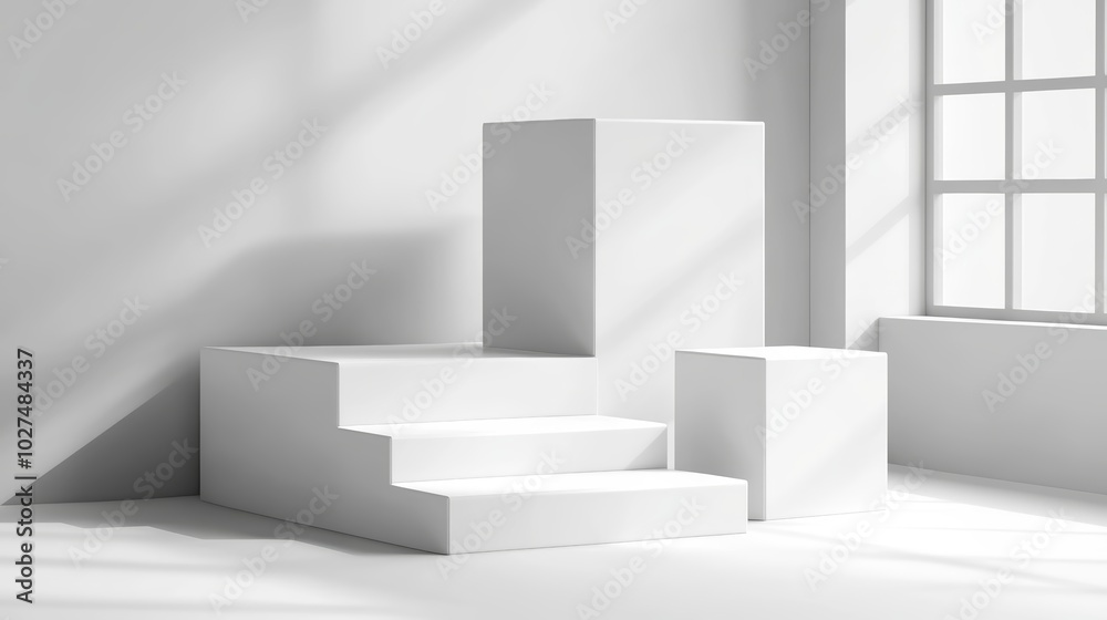 Modern minimalist white room interior design with large window and staircase open concept home architecture