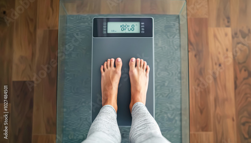 Woman is standing on scale and time is 8:08. Scale is digital and has black face. Diet concept photo