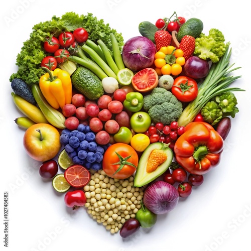 Fruits and vegetables are arranged in a heart shape on a white background, a healthy eating concept.