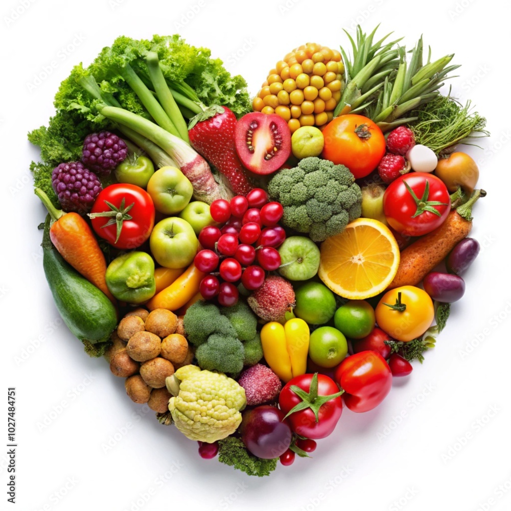 Fruits and vegetables are arranged in a heart shape on a white background, a healthy eating concept. Fruits and vegetables are arranged in a heart shape on a white background, a healthy eating concept.