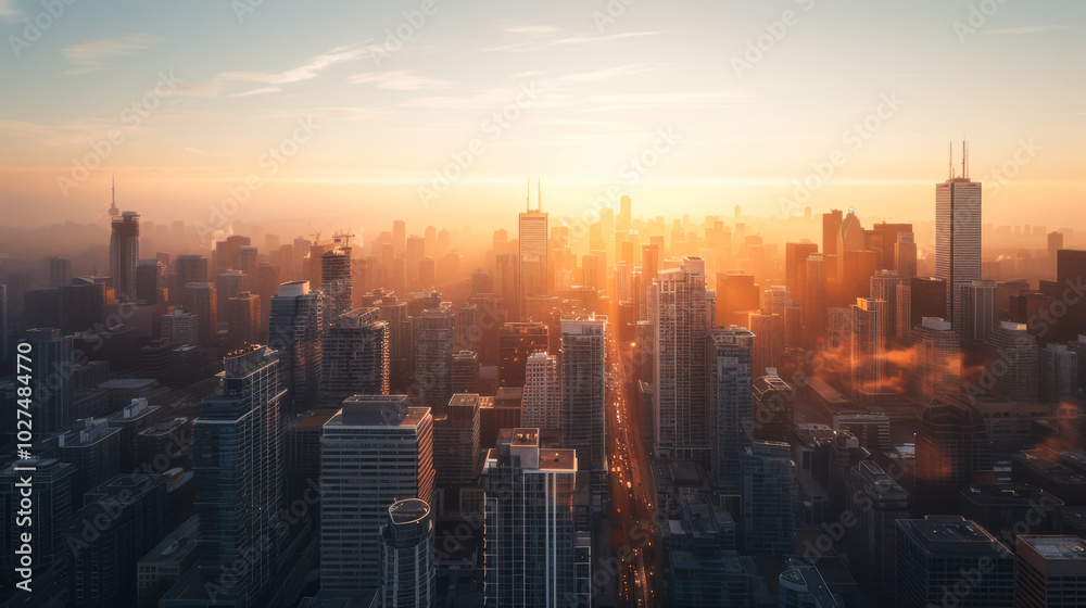 Fototapeta premium The sun sets behind the skyline, casting a golden glow over the towering buildings as the day transitions into night.