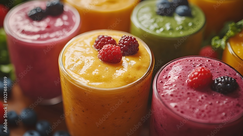 Fresh vegan smoothies and green juices in glass jars, with ingredients like spinach, kale, and berries placed around them Fresh vegan smoothies and green juices in glass jars, with ingredients like spinach, kale, and berries placed around them