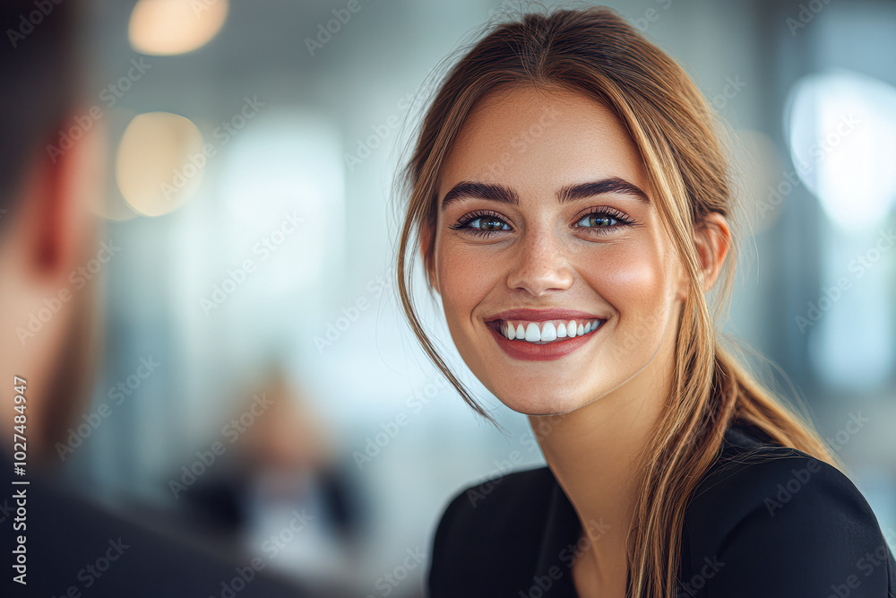 Obraz premium A woman with blonde hair and a smile is looking at the camera