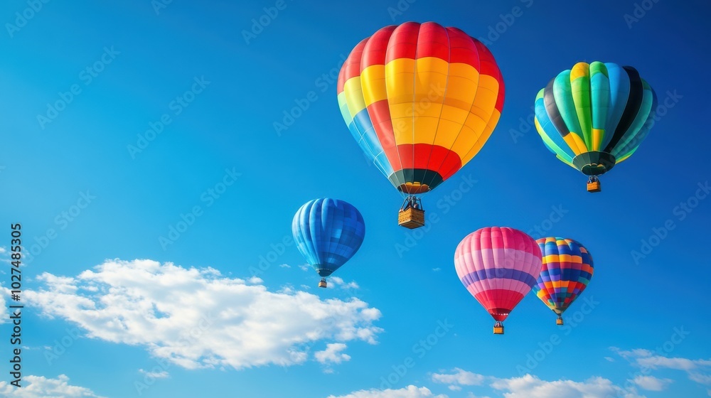 Naklejka premium A vibrant display of hot air balloons ascends against a clear blue backdrop, creating a joyful atmosphere on a beautiful day. Generative AI