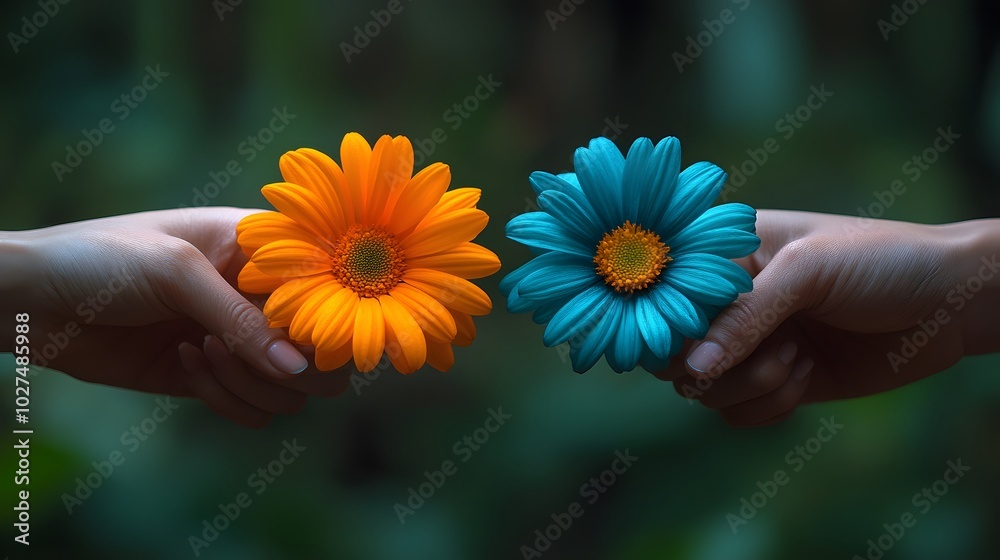 A close-up of hands exchanging flowers, symbolizing random acts of kindness and warmth A close-up of hands exchanging flowers, symbolizing random acts of kindness and warmth