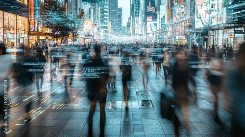 A crowded smart city plaza with biometric security systems in place, being hacked by invisible attackers. Data streams flow into their devices as people pass by unaware.