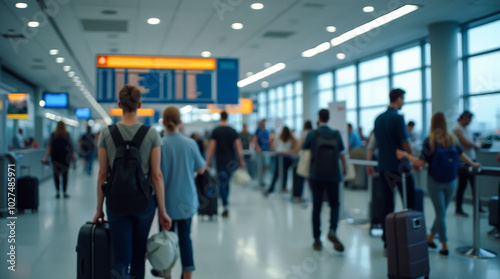 An interior view of an airport terminal, focusing on the movement and flow of passengers rushing to their flights