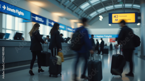 An interior view of an airport terminal, focusing on the movement and flow of passengers rushing to their flights