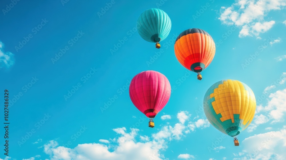 Obraz premium A vibrant group of hot air balloons ascends into a clear blue sky, creating a joyful spectacle on a sunny day. Generative AI