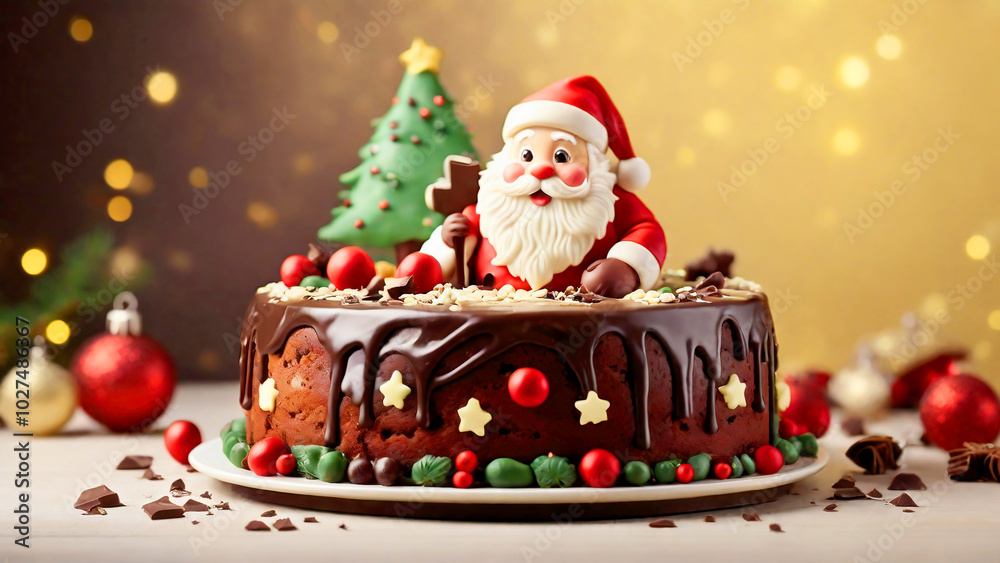 サンタクロースの飾りがついたチョコレートのデコレーションケーキ、クリスマス サンタクロースの飾りがついたチョコレートのデコレーションケーキ、クリスマス