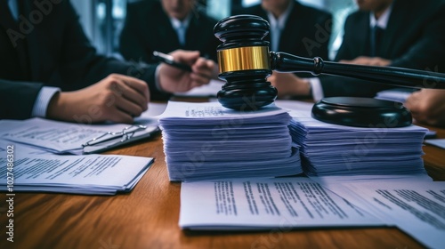 Courtroom Scene with Legal Documents and Gavel