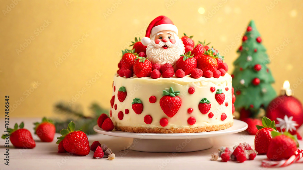 サンタクロースの飾りがついたイチゴのデコレーションケーキ、クリスマス サンタクロースの飾りがついたイチゴのデコレーションケーキ、クリスマス