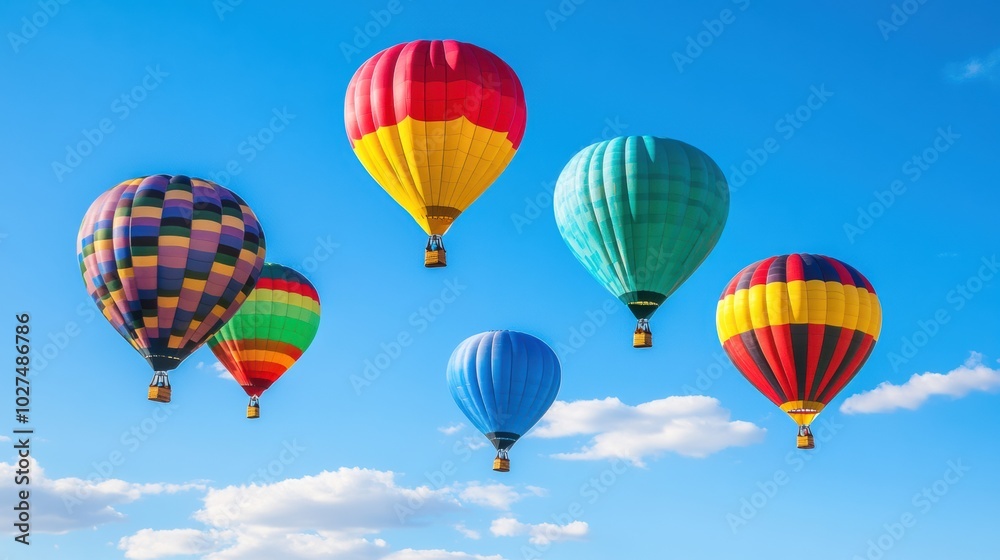 Fototapeta premium Colorful hot air balloons gracefully float against a backdrop of blue sky, creating a cheerful and uplifting atmosphere. Generative AI