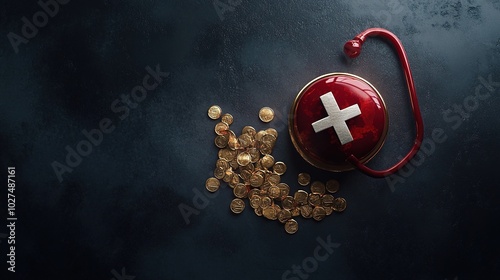 Medical Emergency Kit with Coins on Dark Background photo