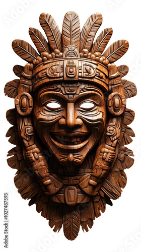 Hand-carved Wooden Face with Feathered Headband, Native American-Inspired Artwork