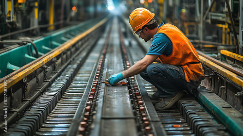 Technician Fixing a Conveyor Belt: A lone technician kneeling beside a stopped conveyor belt, using tools to repair a mechanical issue. The industrial factory is large,
