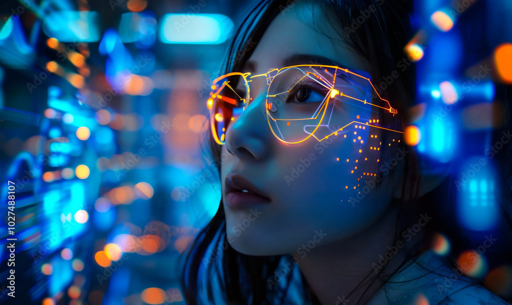 woman in glasses, who uses high technology for futuristic virtual reality and visualization woman in glasses, who uses high technology for futuristic virtual reality and visualization