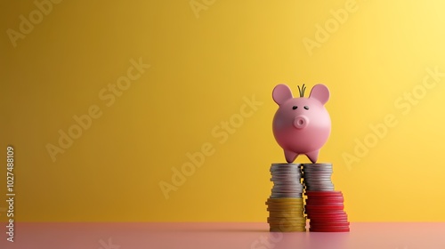 Cheerful Piggy Bank on Colored Coins Against Yellow Background