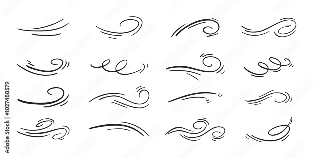 Doodle wind line sketch set. Hand drawn doodle wind air blow, swirl elements. Doodle wind line sketch set. Hand drawn doodle wind air blow, swirl elements.