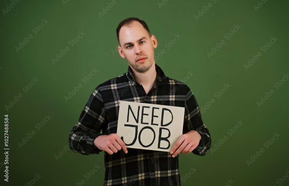 Frustrated unemployed young adult holding a piece of carton marked NEED JOB