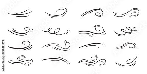 Doodle wind line sketch set. Hand drawn doodle wind air blow, swirl elements.