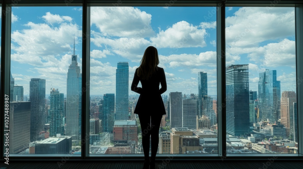 Businesswoman Standing by Window with City View Businesswoman Standing by Window with City View
