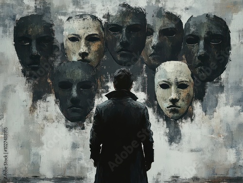 Person surrounded by faceless masks, reflecting on identity and emotion. AI generated photo