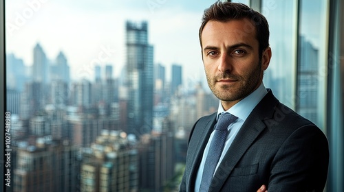 Businessman in Modern Office with City Skyline View