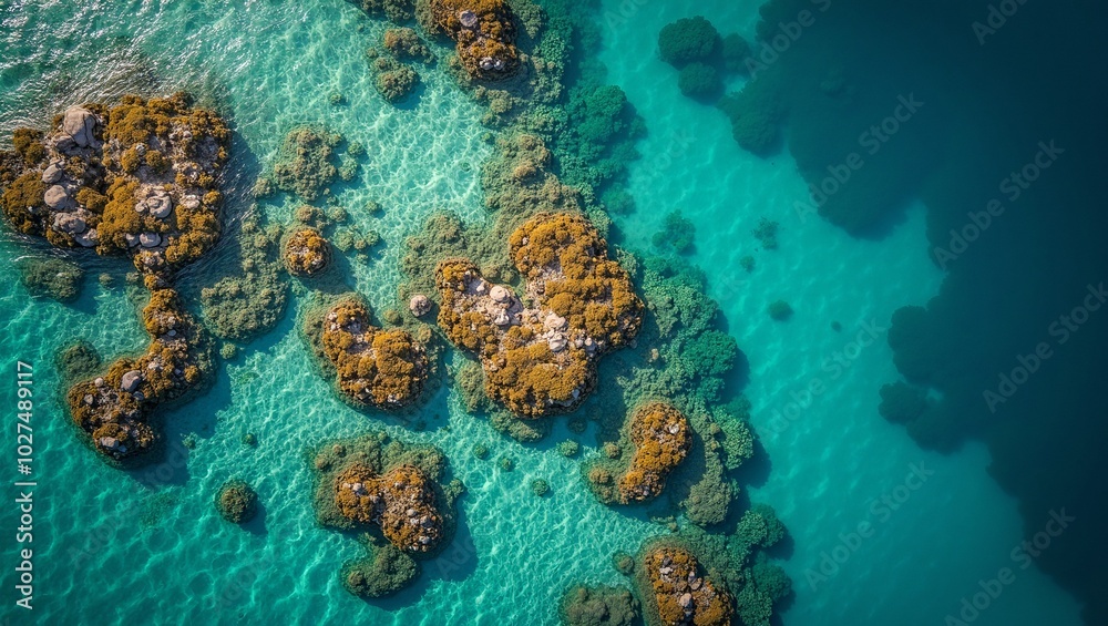 Vibrant coral reef in clear turquoise waters from above