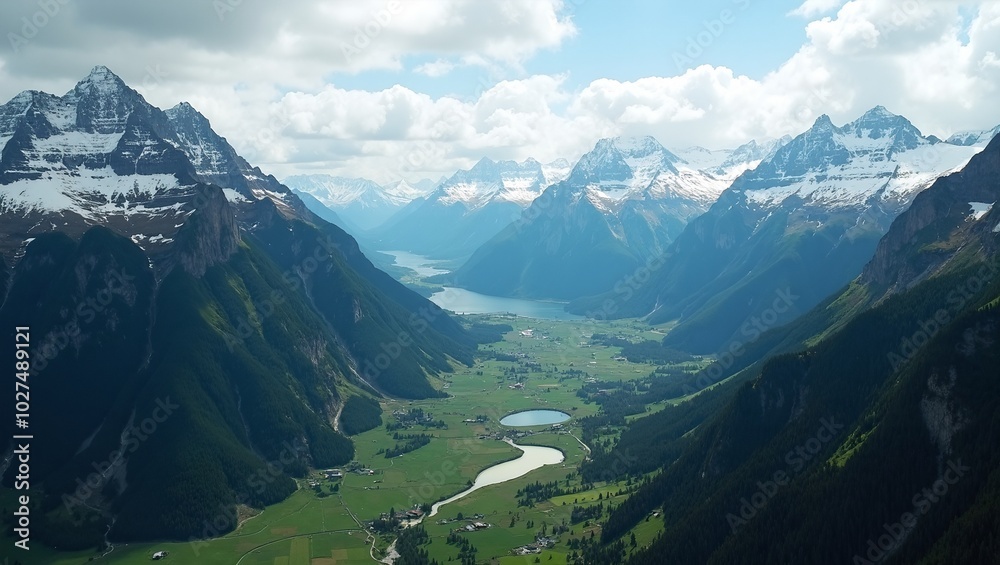 Fototapeta premium Majestic snow capped peaks overlooking verdant valleys with rivers