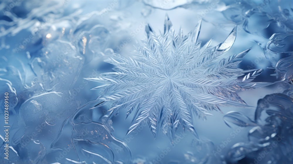 Close-Up of Intricate Frost Patterns on Glass. Cool Blue Tones. Winter Background