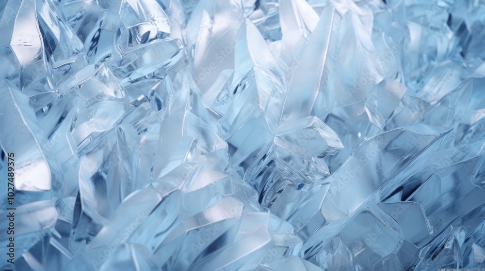 Close-Up of Intricate Frost Patterns on Glass. Cool Blue Tones. Winter Background