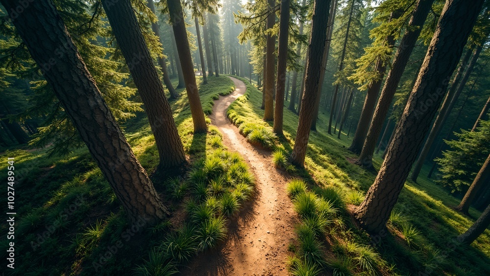 Fototapeta premium Aerial view of hiking trail in pine forest with sunlight filtering through