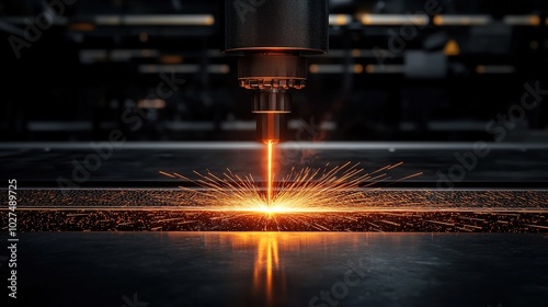 Laser Cutting Process with Sparks in Industrial Setting