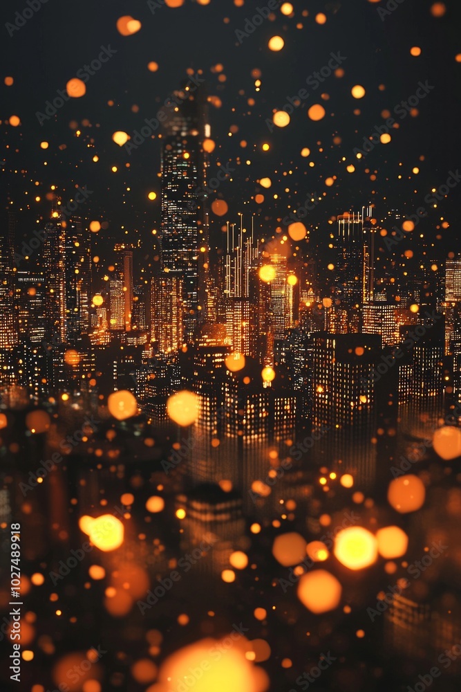 3D rendering of the city lights in orange and yellow, with blurred buildings at night. The city is surrounded by many small glowing light particles that give it an ethereal feel. 3D rendering of the city lights in orange and yellow, with blurred buildings at night. The city is surrounded by many small glowing light particles that give it an ethereal feel.