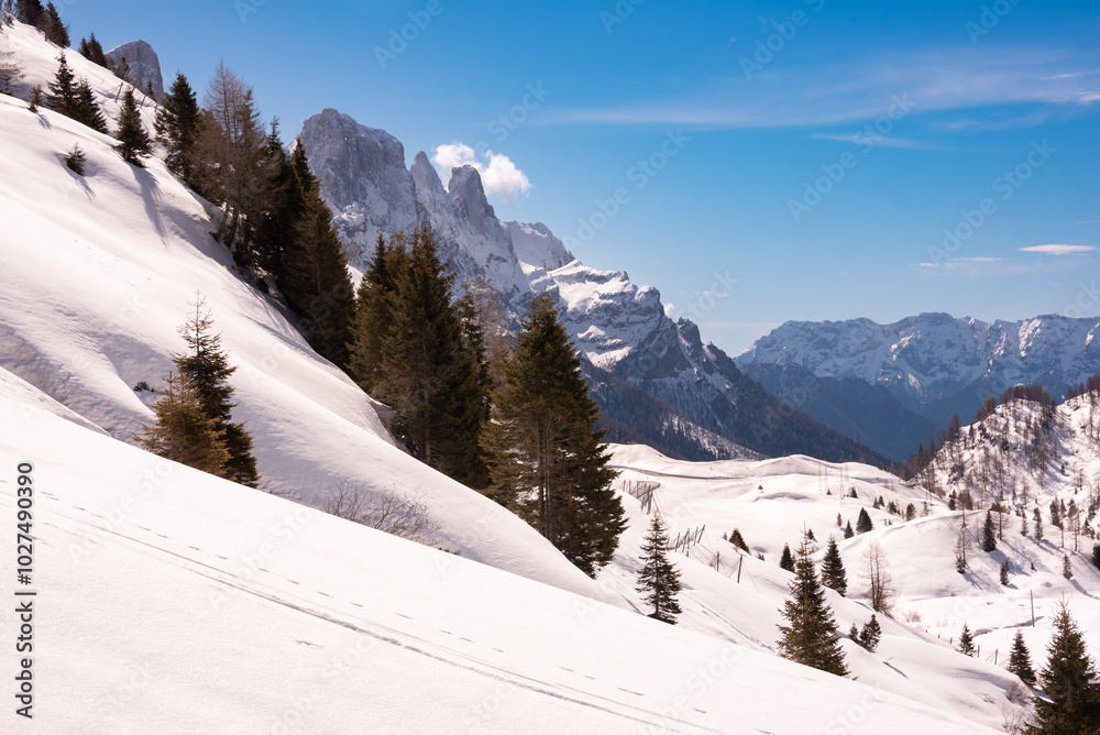 Fototapeta premium Winter mountain landscape with snow on sunny day in Dolomite alps, Italy