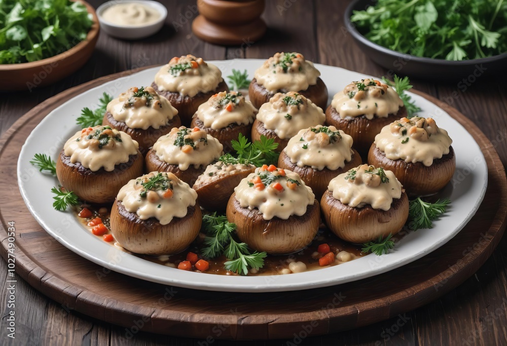 stuffed mushrooms with cheese in the white plate stuffed mushrooms with cheese in the white plate