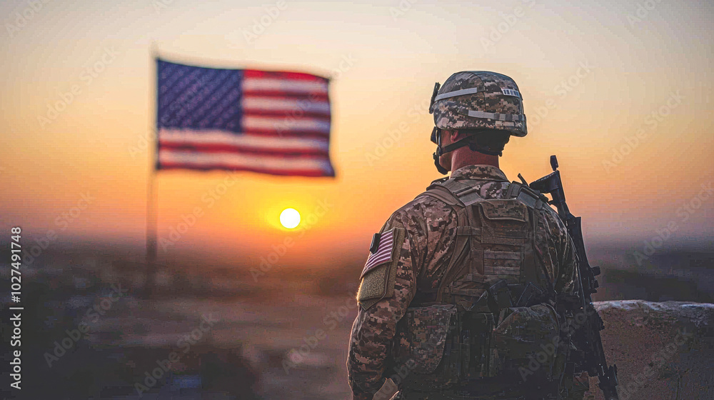 A soldier stands in front of a flag with the sun setting behind him A soldier stands in front of a flag with the sun setting behind him