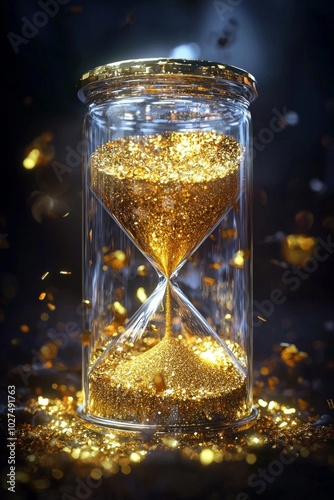 A clear glass hourglass with golden sand, against a dark background.  photo