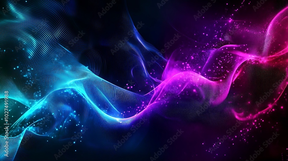 Abstract glowing waves with particles in neon blue, pink and purple. Abstract glowing waves with particles in neon blue, pink and purple.
