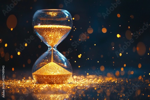 A clear glass hourglass with golden sand, against a dark background.  photo