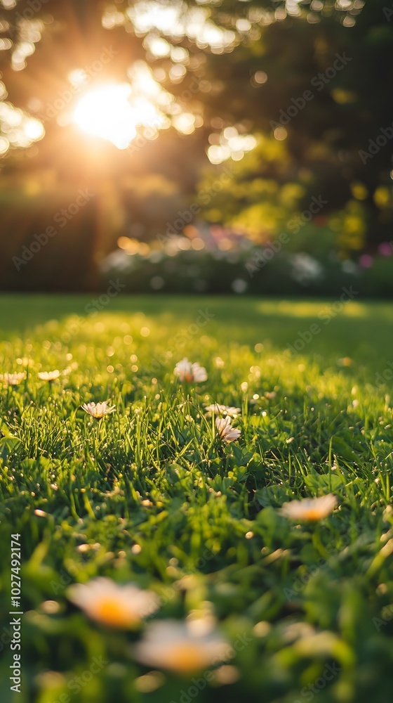 Fototapeta premium Close-up of a lush green lawn with white flowers scattered across it, bathed in the warm glow of the setting sun, with the background blurred and out of focus.