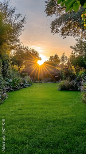 A breathtaking sunset illuminates a lush, green lawn with a dramatic burst of light between the trees.