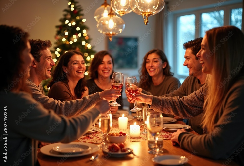 A group of people are gathered around a table, enjoying Christmas dinner A group of people are gathered around a table, enjoying Christmas dinner